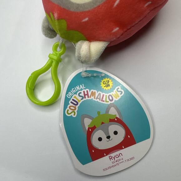 Squishmallow Kellytoy Plush Ryan the Husky as Strawberry Clip On 3.5" NWT - Picture 3 of 3